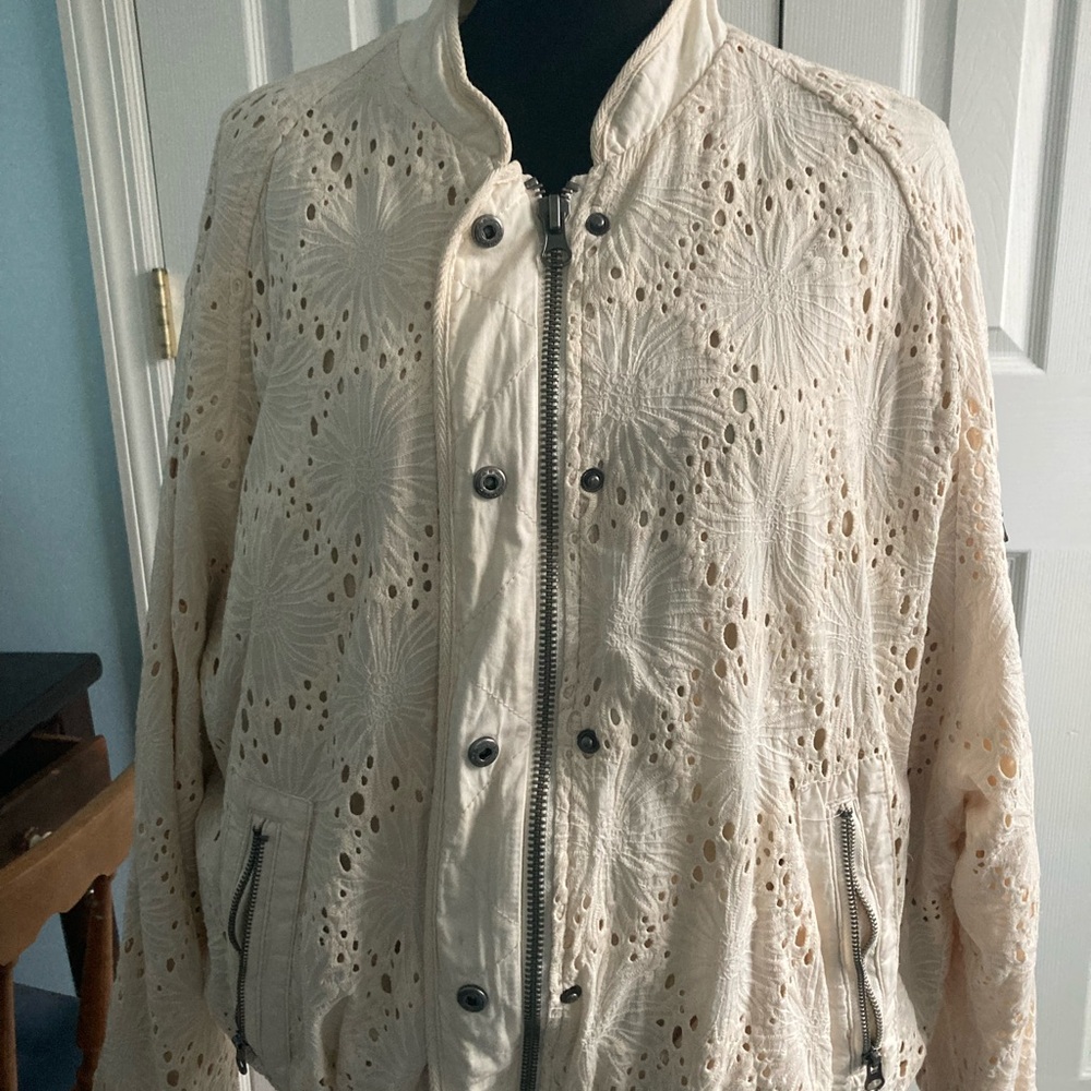 Free People Daisy Jane Ivory Eyelet Bomber Jacket Cotton
